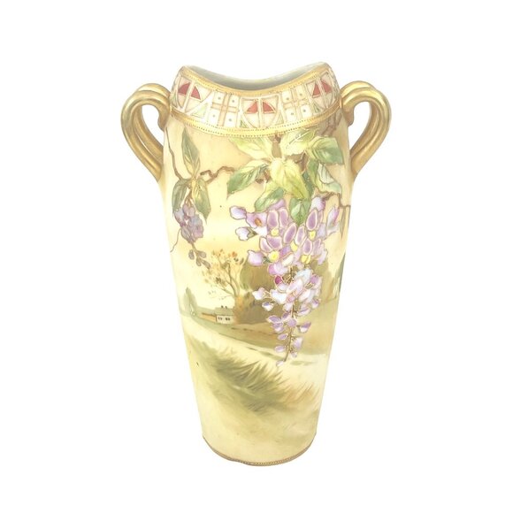 Hand Painted Nippon Moriage Vase With Wisteria Design Gold Accents & Double Hand